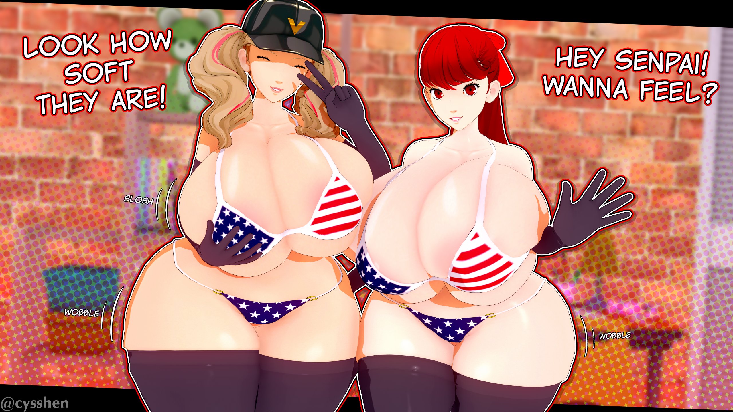 3d, american flag bikini, ann takamaki, areola slip, bikini, blonde hair, breasts, cyshen, female, gigantic breasts, huge breasts, hyper breasts, kasumi yoshizawa, large breasts, overflowing breasts, persona, persona 5, red hair, sumire yoshizawa, tagme, thick thighs, wide hips