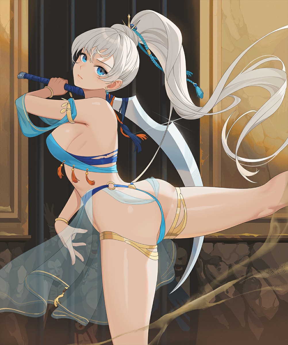 100wang 1girls 2024 ass blue_eyes breasts cleavage clothing dancer_outfit dancing female female_only harem_outfit highres light-skinned_female light_skin long_hair looking_at_viewer medium_breasts ponytail rwby scar solo spread_legs sword wangxiii weapon weiss_schnee white_hair