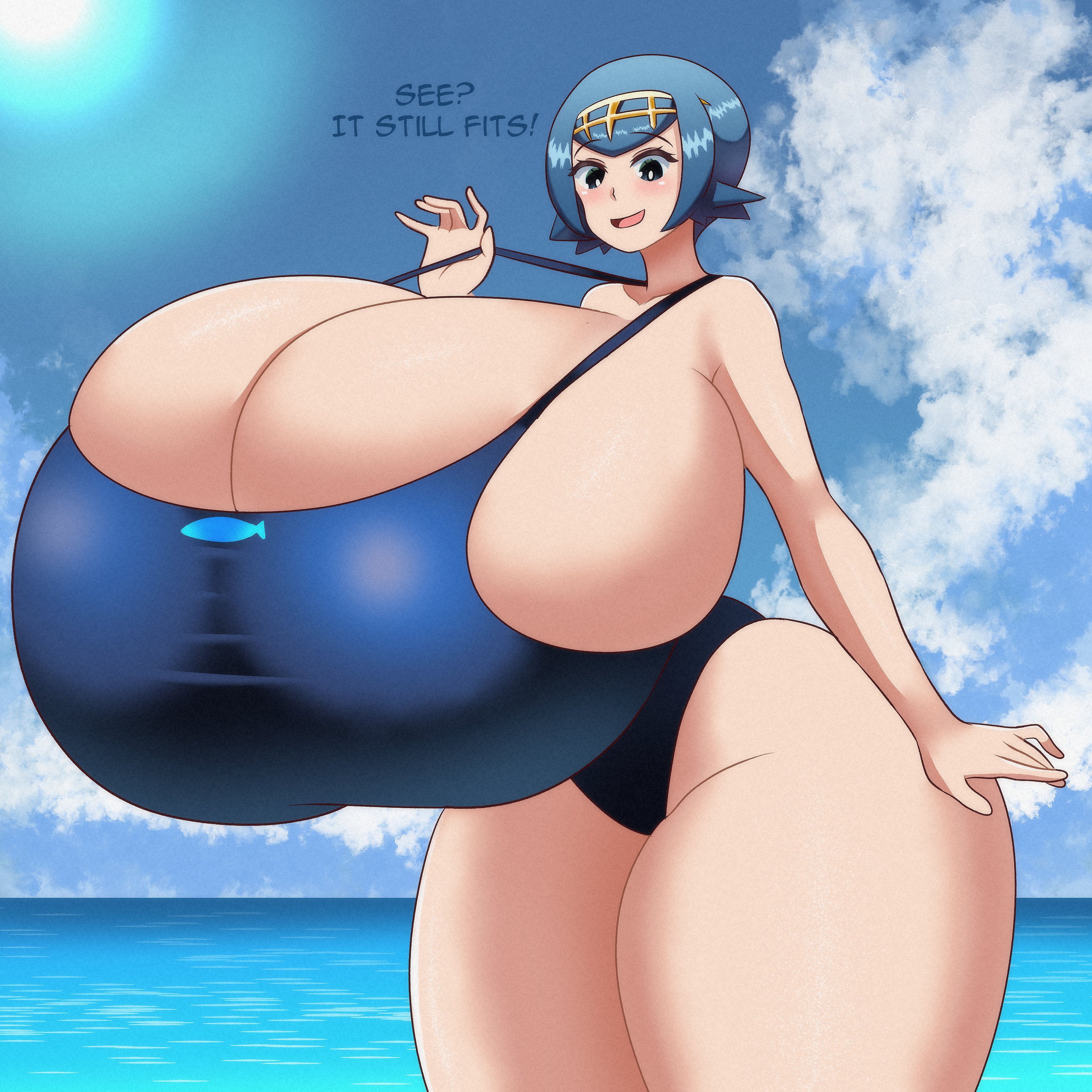 1girls, aged up, alternate breast size, big breasts, blue eyes, blue hair, breasts, breasts bigger than head, competition swimsuit, female, game freak, gigantic breasts, huge breasts, lana (pokemon), mewmaster93, nintendo, one-piece swimsuit, pokemon, pokemon sm, text