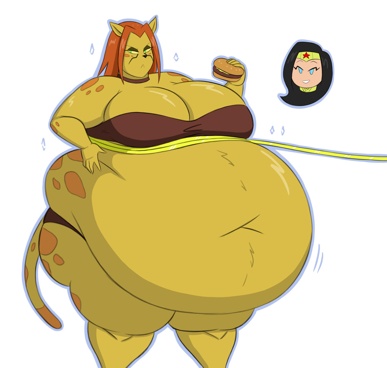 2girls anthro anthropomorphic barbara_ann_minerva bbw big_breasts breasts breasts_bigger_than_head brown_swimsuit burger cat_girl cheetah cheetah_(dc) cheetah_spots cleavage dc dc_comics diana_prince fat fat_ass fat_belly fat_thighs feline female female_focus harley_quinn_(series) holding_food huge_belly huge_breasts large_belly lasso_of_truth mizz-britt red_hair solo_focus thick_thighs weight_gain wonder_woman wonder_woman_(series)