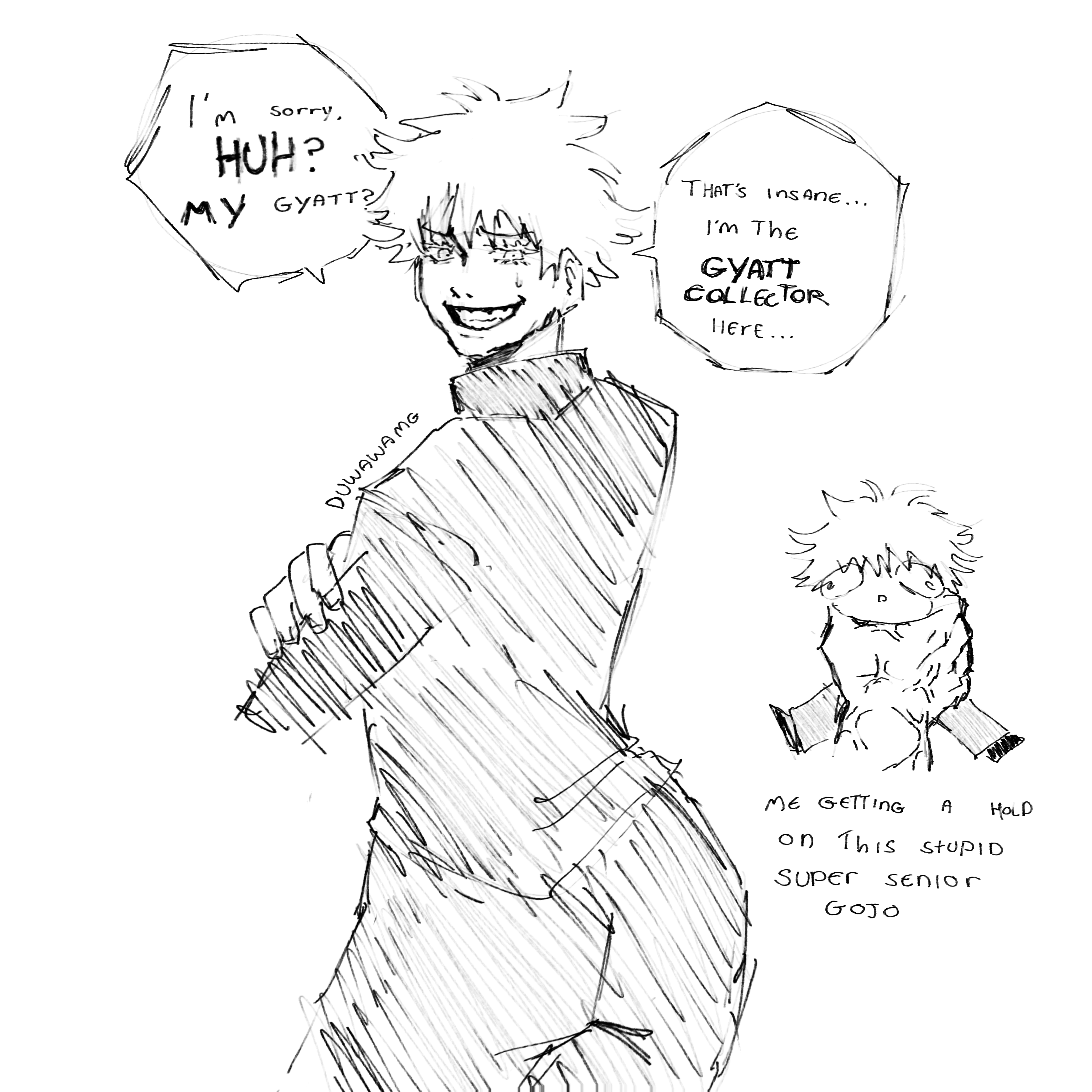 1boy, absurd res, clothed, duwawamg (artist), gay, jujutsu kaisen, looking back, male, male only, meme, monochrome, nervous, nervous smile, nervous sweat, satoru gojo, super senior, super senior gojo, sweat, sweatdrop