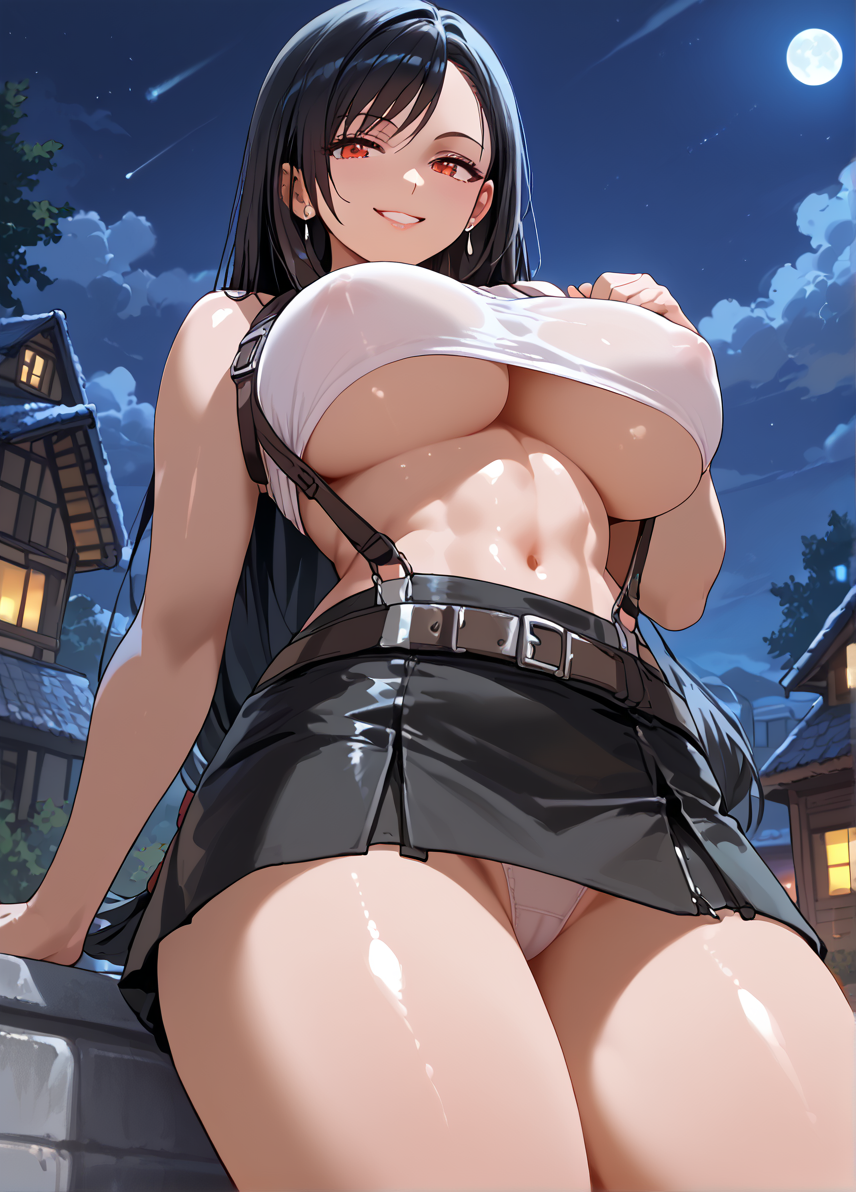 abs ai_generated arm_support bangs bare_shoulders belt black_clothes black_hair black_skirt blue_sky blush breasts cameltoe cleavage clothes_lift clothing cloud cowboy_shot crop_top curvaceous day earrings female female_only final_fantasy final_fantasy_vii final_fantasy_vii_remake full_moon gloves grin hand_on_own_chest high_resolution huge_breasts jewelry large_breasts lips long_hair looking_at_viewer low-tied_long_hair midriff miniskirt moon navel night night_sky outdoors pantsu parted_lips pencil_skirt pleated_skirt red_eyes shiny shirt skirt sky sleeveless smile solo standing star_(sky) starry_sky stomach suspender_skirt suspenders swept_bangs tank_top taut_clothes taut_shirt thick_thighs thighs tifa_lockhart toned underboob underwear very_long_hair white_panties white_shirt white_tank_top white_underwear yuyumiai