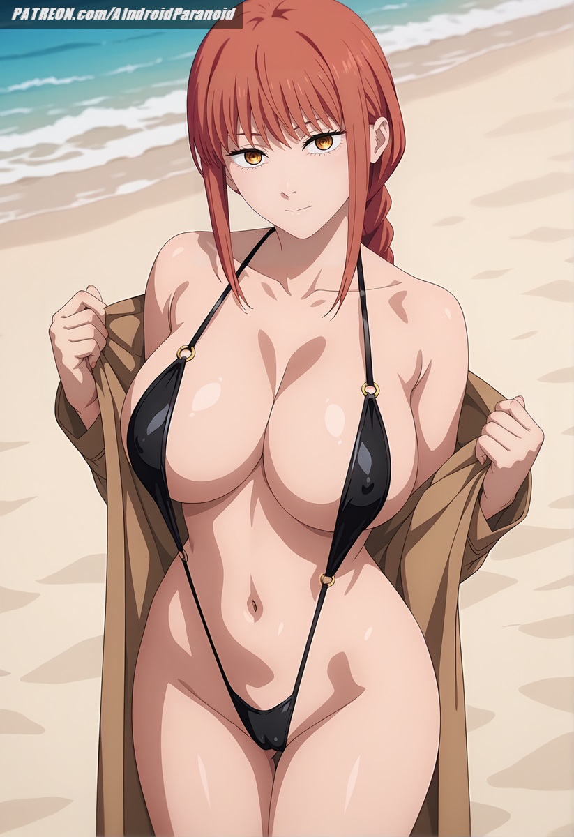 ai_generated aindroidparanoid ass beach big_breasts bikini braid cameltoe chainsaw_man curvy fat_ass female female_only huge_ass huge_breasts huge_butt large_ass large_breasts large_butt makima_(chainsaw_man) narrow_waist outdoors red_hair sand slim_waist sling_bikini slingshot_swimsuit squeezing stable_diffusion standing voluptuous yellow_eyes young