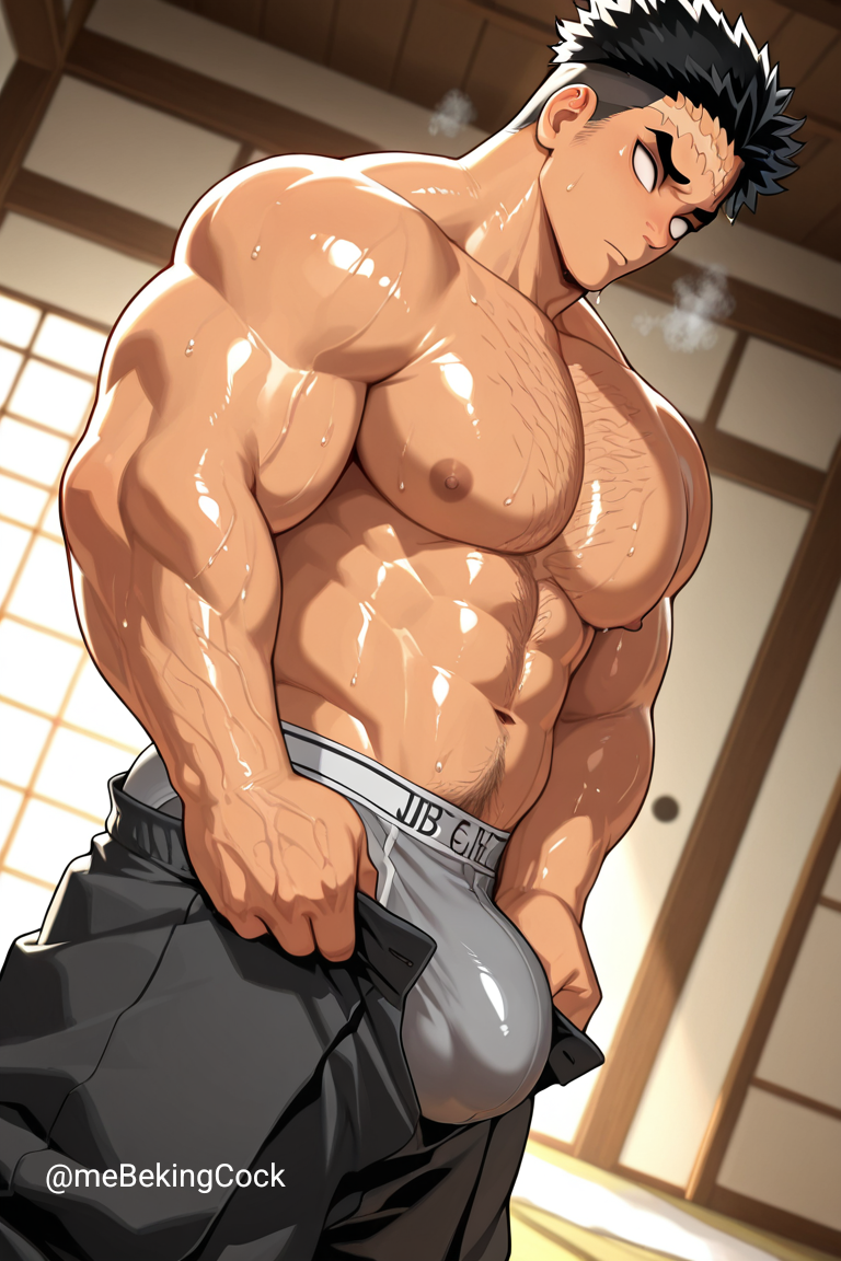 ai generated, bara, boxer briefs, boxers, boxers (clothing), bulge, bulge through clothing, demon slayer, erection in boxers, erection in briefs, erection pushing briefs, erection pushing underwear, hairy, himejima gyomei, male, male only, mebekingcock, muscles, muscular, naked, steamy, sweaty, veiny, yaoi
