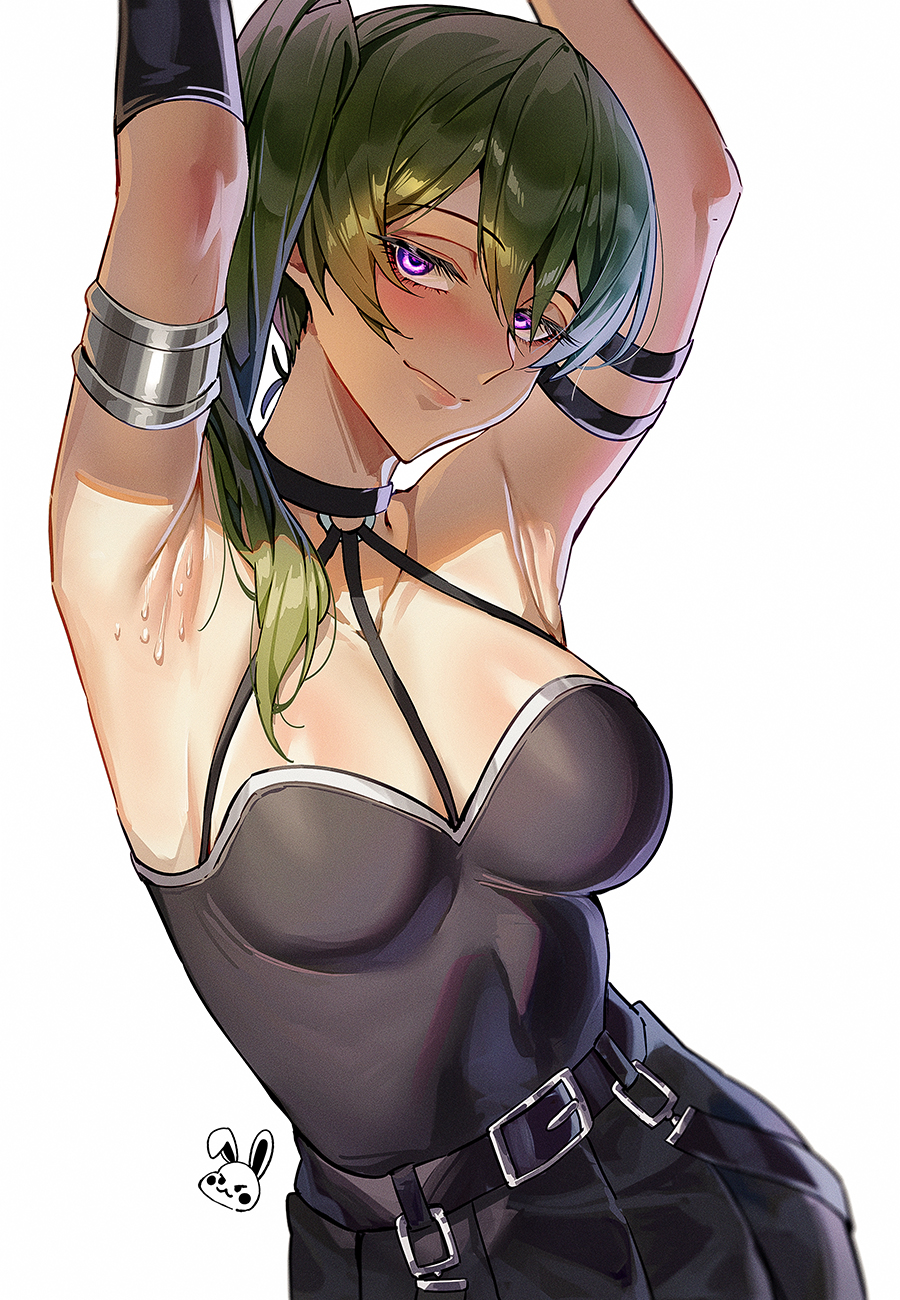 1girls arm_strap armlet armpits arms_up belt black_belt black_choker black_dress breasts celyn404 choker commentary_request dress female green_hair halter_dress halterneck highres jewelry long_hair medium_breasts pleated_dress presenting presenting_armpit purple_eyes side_ponytail sleeveless sleeveless_dress solo sousou_no_frieren sweat ubel_(sousou_no_frieren) upper_body