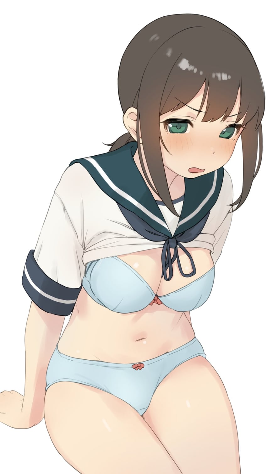 alternate_breast_size arm_support blue_bra blue_neckerchief blue_panties blush bow bow_bra bow_panties bra breasts brown_hair cleavage clothes_lift clothing commentary_request cowboy_shot crotch_seam embarrassed female fubuki_(kantai_collection) green_eyes green_sailor_collar highres kantai_collection legs_together long_hair looking_at_viewer low_ponytail matching_underwear medium_breasts medium_hair midriff navel neckerchief no_pants open_mouth panties partially_undressed red_ribbon ribbon ribbon_panties sailor_collar sakieko school_uniform serafuku shirt shirt_lift short_sleeves sidelocks simple_background sitting solo thighs underwear white_background white_shirt