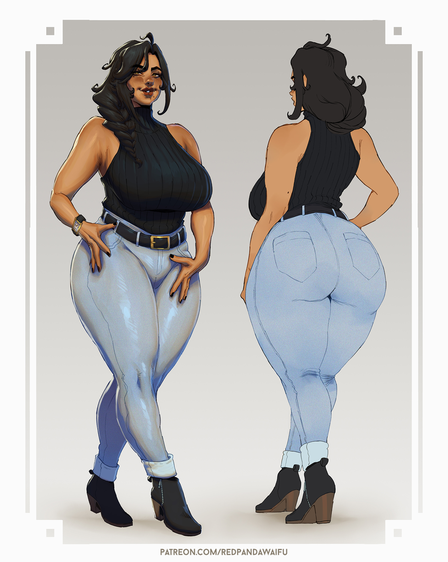 1girls, ass, big breasts, black hair, braid, breasts, commission, female, female only, front and back, heel boots, hi res, jeans, latina, long hair, looking at viewer, mature female, olive skin, rebecca (redpandawaifu), redpandawaifu, sleeveless sweater, smiling, smiling at viewer, solo, thick ass, thick thighs
