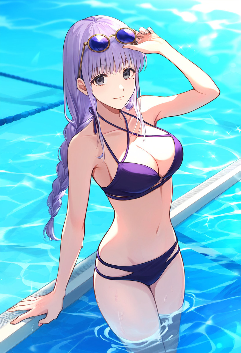 ai_generated bikini braid braided_hair female female_only gintama grey_eyes lavender_hair light_purple_hair long_hair looking_at_viewer medium_breasts mole_under_eye pool purple_bikini purple_hair sarutobi_ayame single_braid smile smiling_at_viewer solo sunglasses sunglasses_on_head swimsuit