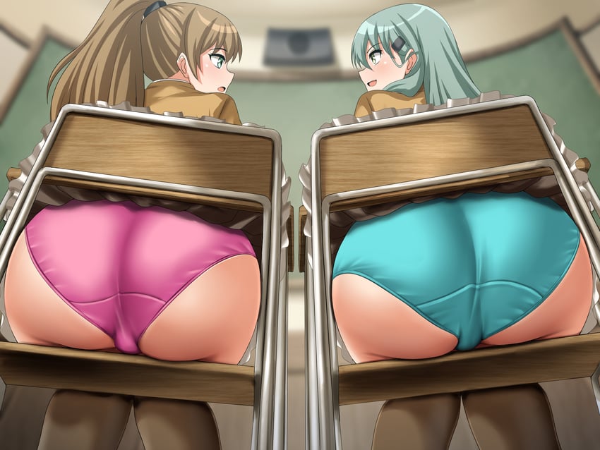 2girls absurdres aqua_panties ass brown_hair brown_skirt brown_thighhighs chair classroom frilled_skirt frills from_behind green_eyes green_hair hair_ornament hairclip highres indoors kantai_collection kumano_(kantai_collection) kumano_kai_ni_(kantai_collection) long_hair miniskirt multiple_girls panties pink_panties ponytail school_chair school_uniform sitting skirt suzuya_(kantai_collection) suzuya_kai_ni_(kantai_collection) thighhighs underwear zanntetu