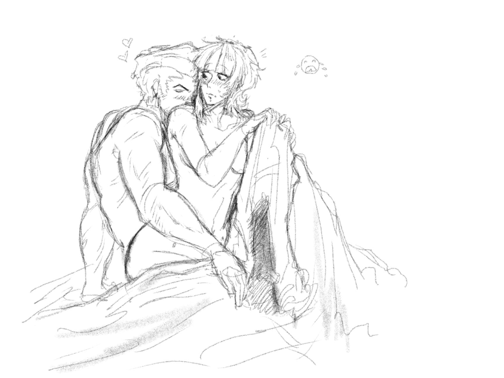 1boy, 1girls, bed, bed sheet, blush, breasts, canon couple, closed eyes, completely nude, cuddling, emoji, eyebrows visible through hair, facial piercing, flustered, greyscale, hakari kinji, heart, hoshi kirara, jujutsu kaisen, long bangs, long hair, looking at partner, male, monochrome, muscular, muscular male, neopizz, romantic, romantic couple, sideboob, sitting, sitting on bed, sketch, small breasts, white background, wholesome