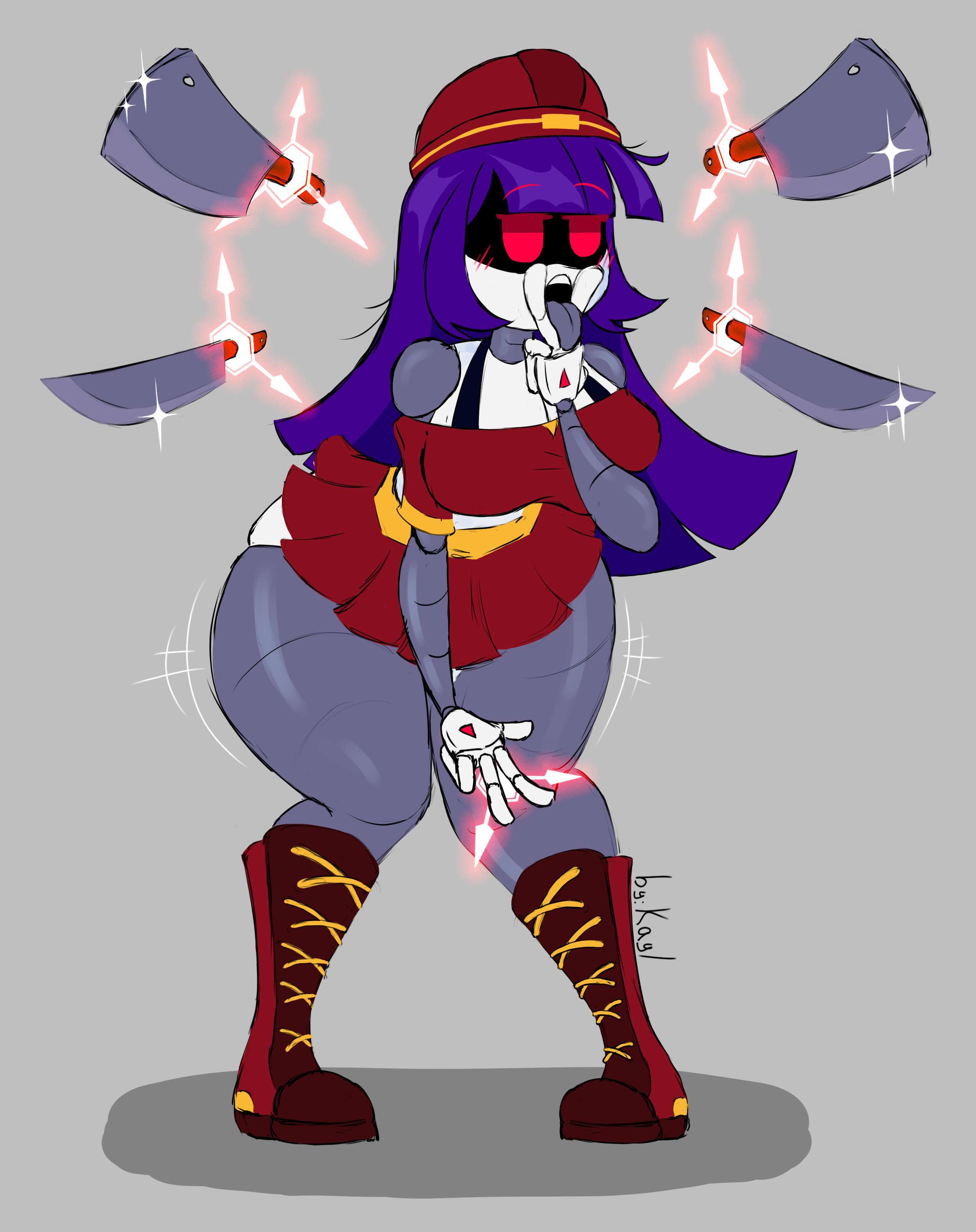 2d, blush, boots, breasts, doll (murder drones), female, female only, glitch productions, grey background, kayl, knife, medium breasts, murder drones, purple hair, red eyes, robot, robot girl, skirt, stockings, suggestive look, tagme, telekinesis, tongue, tongue out, white body, worker drone