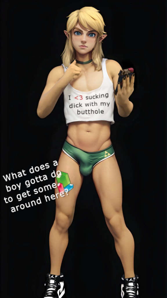 3d, ai assisted, ai generated, bulge, bulge through clothing, elf ears, erection, erection under clothes, femboy, hdregrets, hotpants, link, looking at viewer, male, male only, midriff, prostitute, prostitution, shorts, sneakers, talking to viewer, tank top, text, the legend of zelda, toned, toned male