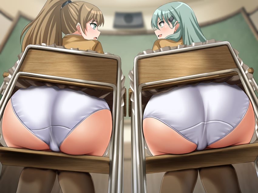 2girls absurdres ass brown_hair brown_skirt brown_thighhighs chair classroom frilled_skirt frills from_behind green_eyes green_hair hair_ornament hairclip highres indoors kantai_collection kumano_(kantai_collection) kumano_kai_ni_(kantai_collection) long_hair miniskirt multiple_girls panties ponytail school_chair school_uniform sitting skirt suzuya_(kantai_collection) suzuya_kai_ni_(kantai_collection) thighhighs underwear white_panties zanntetu