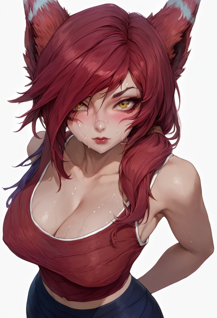 ai_generated animal_ears blush gym_clothes gym_uniform hair_band huge_breasts league_of_legends looking_at_viewer red_hair riot_games solo_female sports_bra sweat vastaya xayah xayahl0ver yellow_eyes