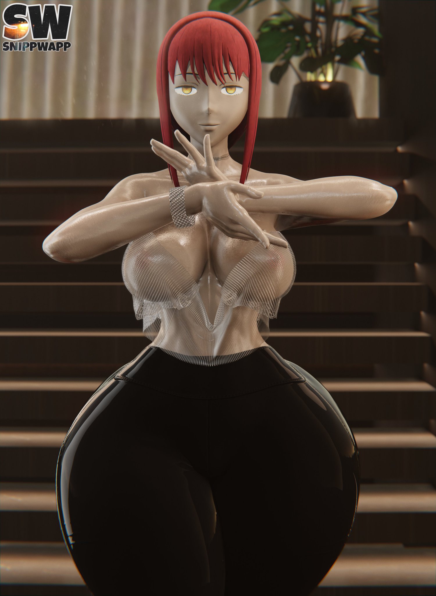 1girls, 3d, 3d (artwork), artist logo, artist name, big breasts, blender, bottom heavy, breasts, chainsaw man, clothing, curvaceous, curvy, curvy figure, expressionless, female, female only, front view, huge breasts, looking at viewer, makima (chainsaw man), mostly nude, red hair, ringed eyes, shiny skin, slim waist, snippwapp, solo, solo female, thick thighs, topless, voluptuous, voluptuous female, yellow eyes