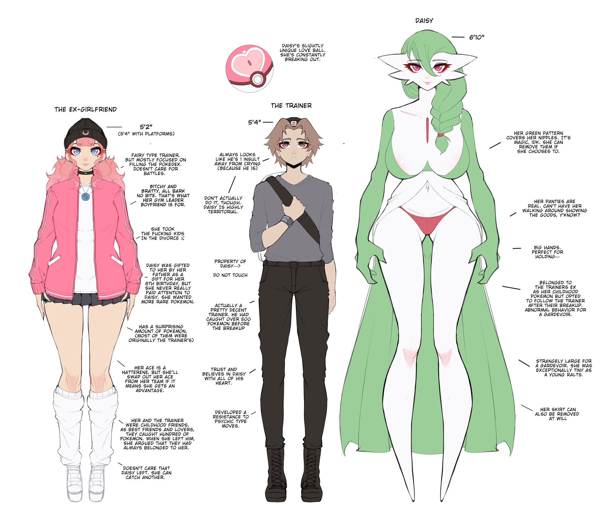 1boy, 2girls, anthro, ass visible through thighs, big breasts, blue eyes, braid, breasts, brown eyes, brown hair, character sheet, color, daisy (luxurias), english text, female, full body, gardevoir, generation 3 pokemon, green hair, height difference, hi res, human, luxurias, male, nintendo, pink eyes, pink hair, pokémon (species), pokemon, pokemon (species), pokemon trainer, protective, text, white background