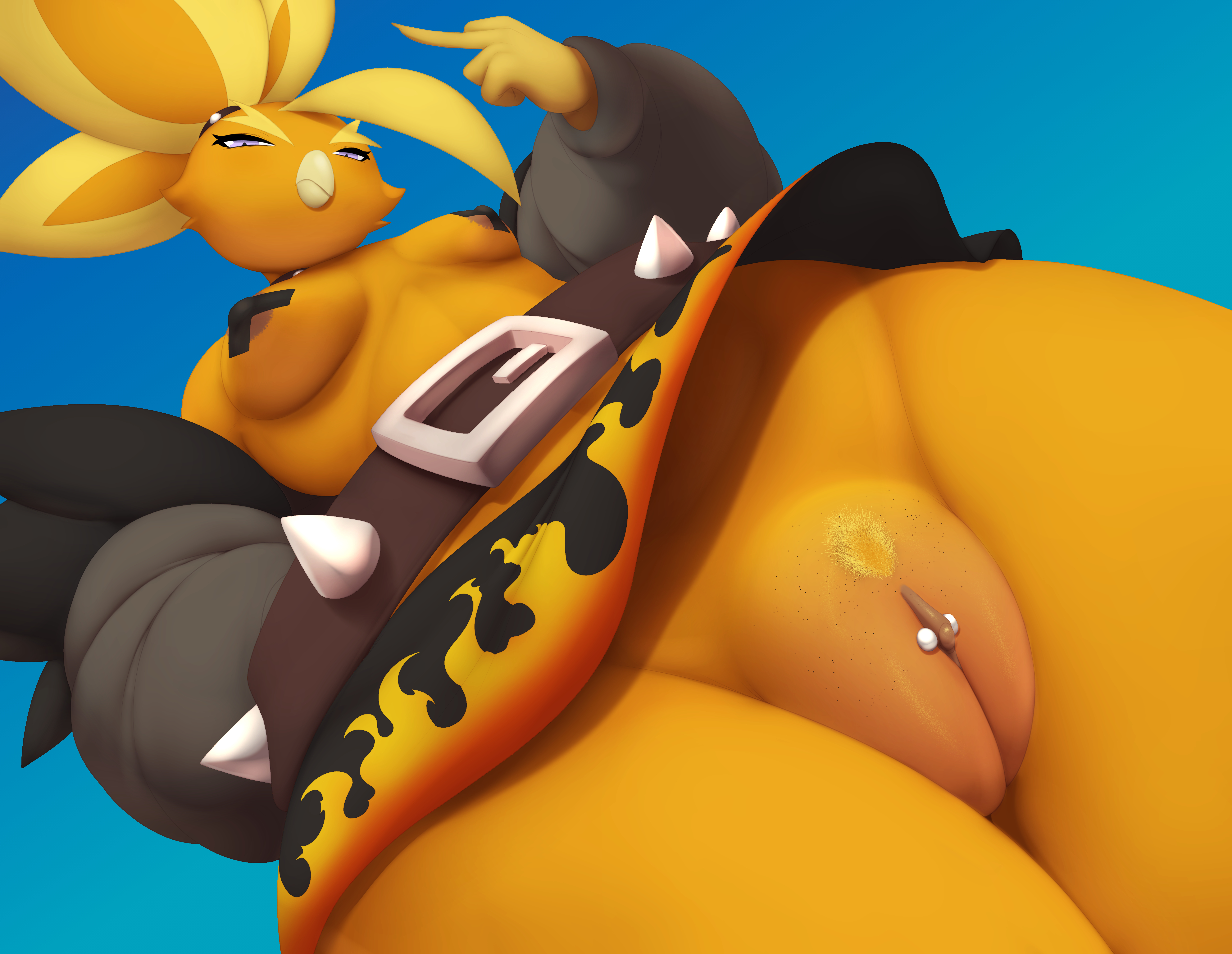absurd res, anthro, anthro only, astroodragon, beak, bottomwear, breasts, clitoris, clitoris piercing, clothed, clothing, female, generation 3 pokemon, genital piercing, genitals, hi res, nikowhith, nintendo, nipple tape, no underwear, orange body, pasties, piercing, pokemon, pokemon (species), pussy, skirt, snaart, solo, tape, thick thighs, torchic