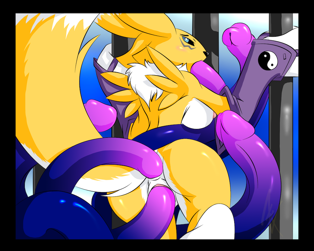 anal anthro anus blush cage canine digimon double_penetration elbow_gloves female fox fur furry gloves hair_tuft icandy oral renamon tentacle tentacle_rape tentacles trapped triple_penetration vaginal_penetration