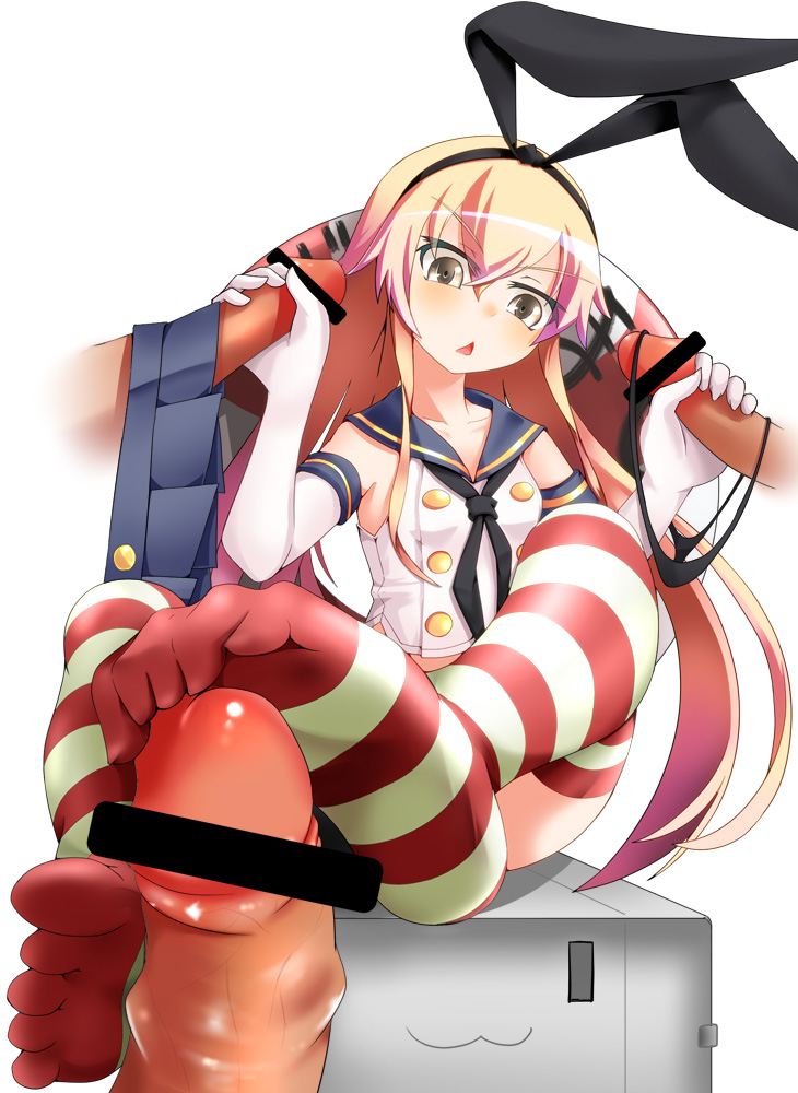 censored cra4 fake_animal_ear feet footjob footjob_with_footwear gradient_hair handjob kantai_collection no_shoes pantyjob penis shimakaze_(kantai_collection) soles thighhighs thong toe_scrunch toe_socks toes