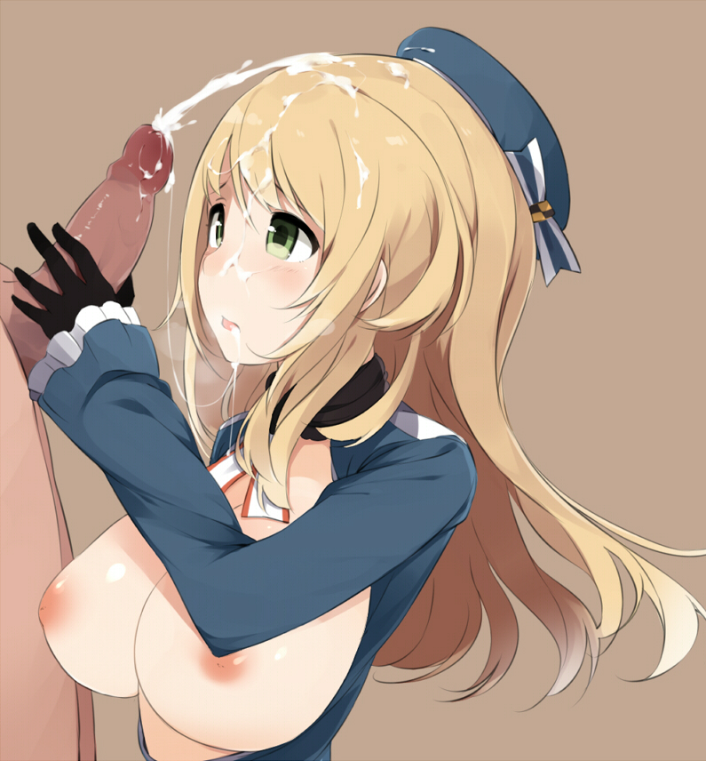 atago_(kantai_collection) blonde_hair blush breasts cum cum_on_body cum_on_hair cum_on_upper_body facial female gloves green_eyes handjob hat kantai_collection large_breasts long_hair nipples open_clothes open_shirt penis solo_focus totoki86 uniform