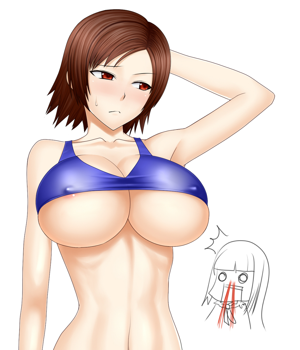 2girls, blush, breasts, brown hair, do konjouuo, emilie de rochefort, female, hand behind head, huge breasts, kazama asuka, large breasts, multiple females, multiple girls, namco, nosebleed, pixiv manga sample, red eyes, tekken, underboob