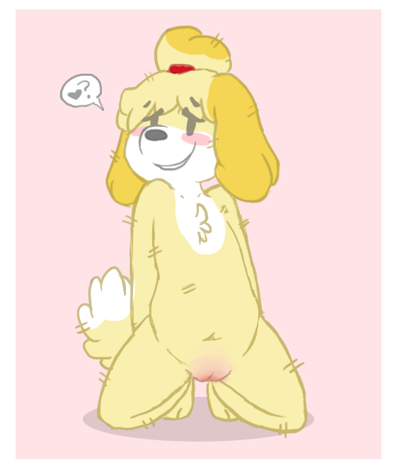 animal_crossing anthro arrogantboy blush canine female fur furry isabelle_(animal_crossing) kneeling nintendo nude pussy solo source_request straight_hair year_request