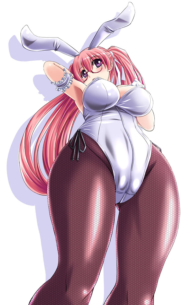 breasts bunny_ears bunny_girl bunnysuit female fishnet_pantyhose fishnets long_hair original pantyhose pink_hair purple_eyes ribbon tied_hair tonpuu twintails wrist_cuffs