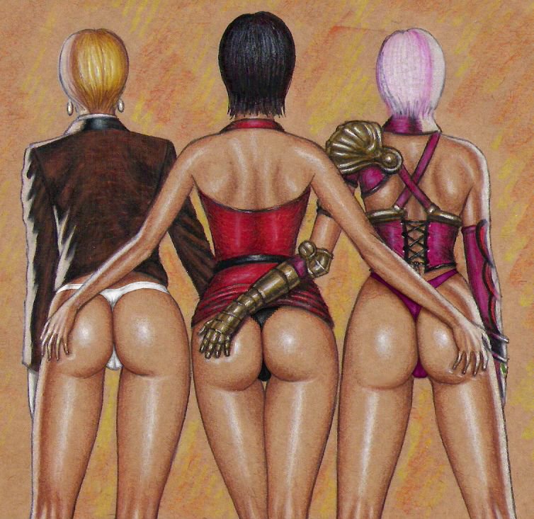 3girls, ada wong, ada wong (caroline ribeiro), armor, art of fighting, ass, back, belt, black belt, black hair, black thong, blonde hair, brown background, brown shirt, crossover, detached sleeves, earrings, edithemad, female, female only, fingerless gloves, glove, huge ass, human, isabella valentine, king (snk), king of fighters, legs, long sleeves, multiple females, purple thong, red dress, resident evil, resident evil 2, short hair, shoulder armor, silver hair, simple background, sleeveless, soul calibur, thighs, thong, white gloves, white thong