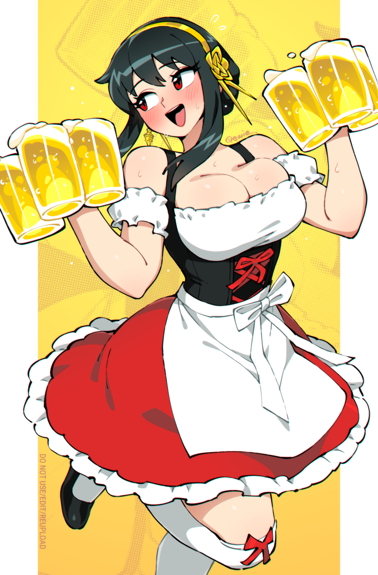 1girls, 333 (dqqqdle), alcohol, alternate costume, apron, bar maid, bare shoulders, barmaid, beer, beer mug, black hair, blush, breasts, cleavage, cup, dirndl, dress, female, female only, frilled dress, frills, german clothes, hairband, holding, holding cup, large breasts, long hair, mug, open mouth, red dress, red eyes, sidelocks, spy x family, sweat, white apron, yor briar, yor forger