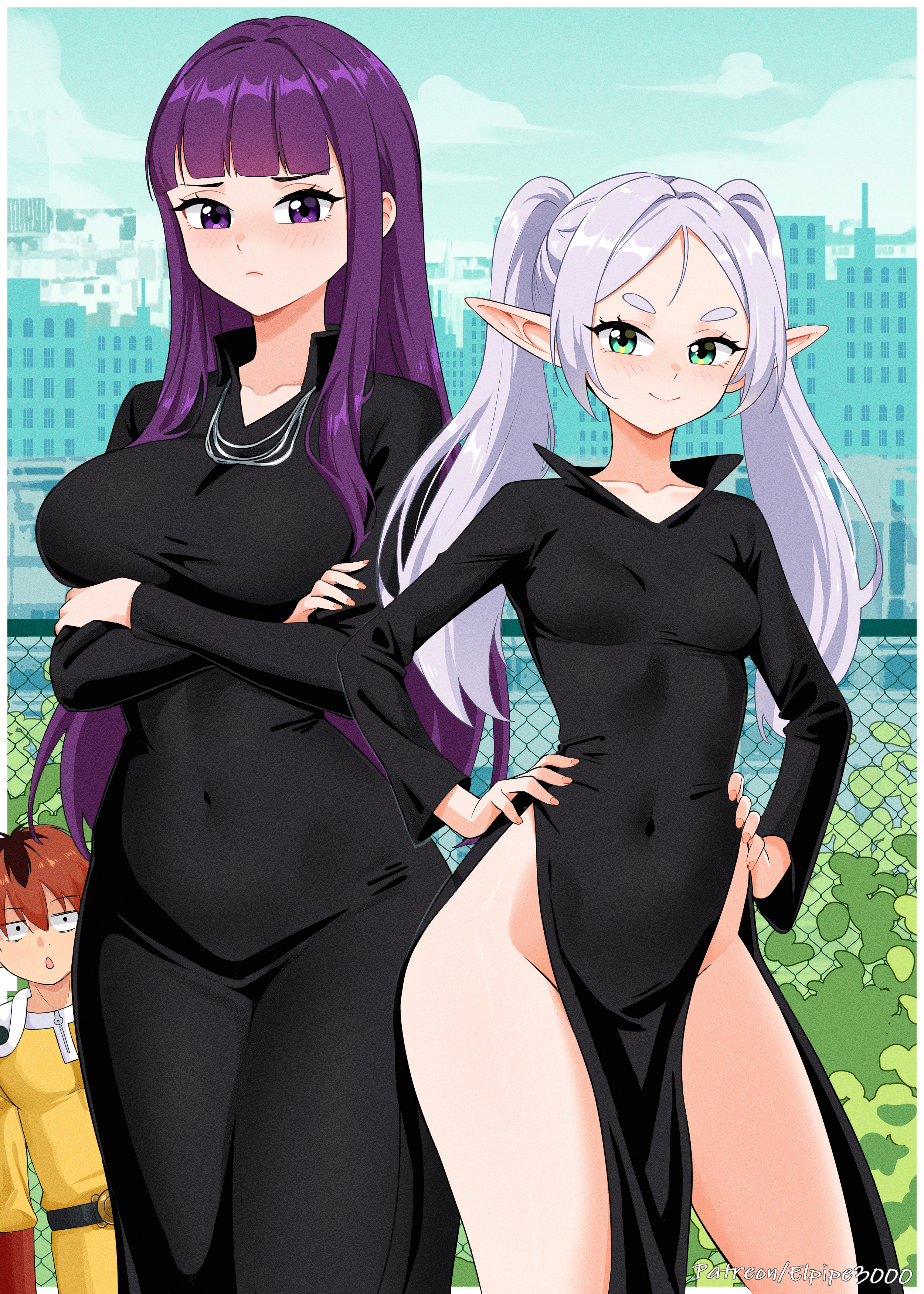1boy, 2girls, absurdres, arms under breasts, bangs, black dress, blue sky, blunt bangs, breasts, cloud, commission, cosplay, covered navel, crossed arms, day, dress, elf, elpipe 3000, elpipe3000, female, fern (sousou no frieren), frieren, fubuki (one-punch man) (cosplay), green eyes, hands on own hips, highres, jewelry, large breasts, male, multiple females, multiple girls, necklace, one-punch man, outdoors, pelvic curtain, pixiv commission, pointy ears, purple eyes, purple hair, red hair, saitama (cosplay), sky, small breasts, sousou no frieren, stark (sousou no frieren), tatsumaki (cosplay), thighs, tight, tight dress, twintails, white hair