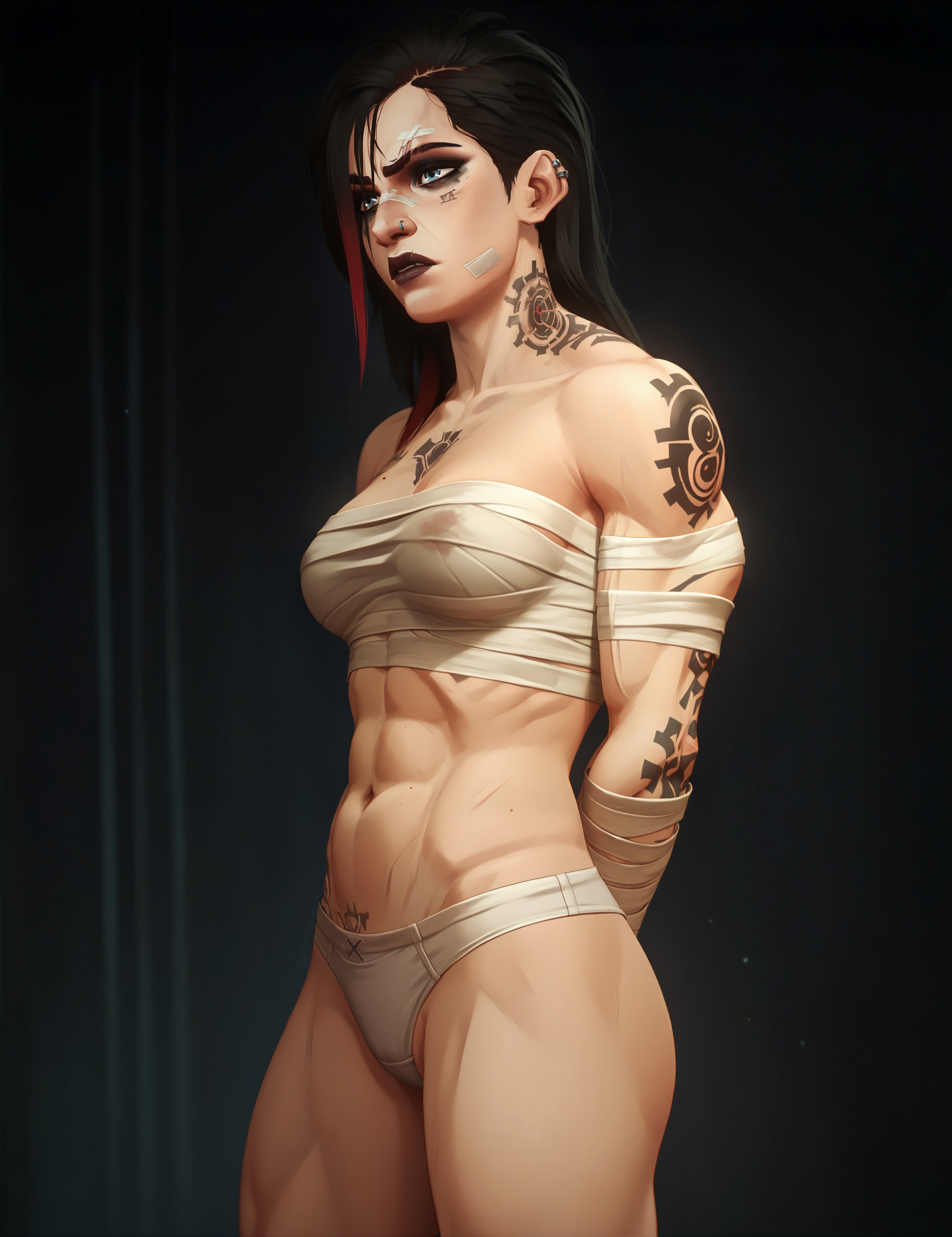 abs, absurd res, accurate art style, ai assisted, ai generated, arcane, arcane vi, bandages, bicolored hair, female, league of legends, muscular, muscular female, photoshop, synth canvas, tagme, tattoos, thick thighs, vi, white panties