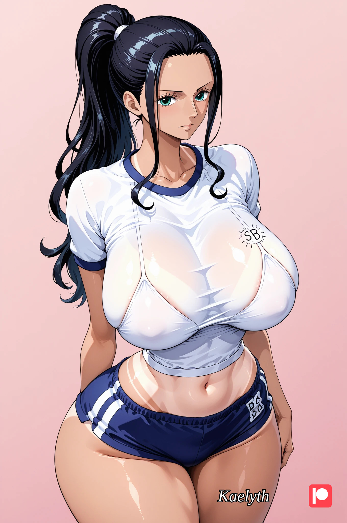1girls, ai generated, arms behind back, big ass, big breasts, black hair, breasts, female, female only, gym uniform, kaelyth, long hair, nico robin, one piece, ponytail, tan body, underwear