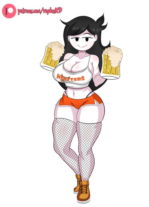 1girls, about to burst, barely contained, barely contained breasts, barely fits, beer, black hair, breasts too big, bursting breasts, fishnet legwear, fishnets, holding object, hooters, hooters uniform, imminent wardrobe malfunction, jaiden animations, jaidens mom, raydonxd, solo, solo female, tagme, thick thighs, tight fit, too tight, undersized clothes, undersized clothing, white body