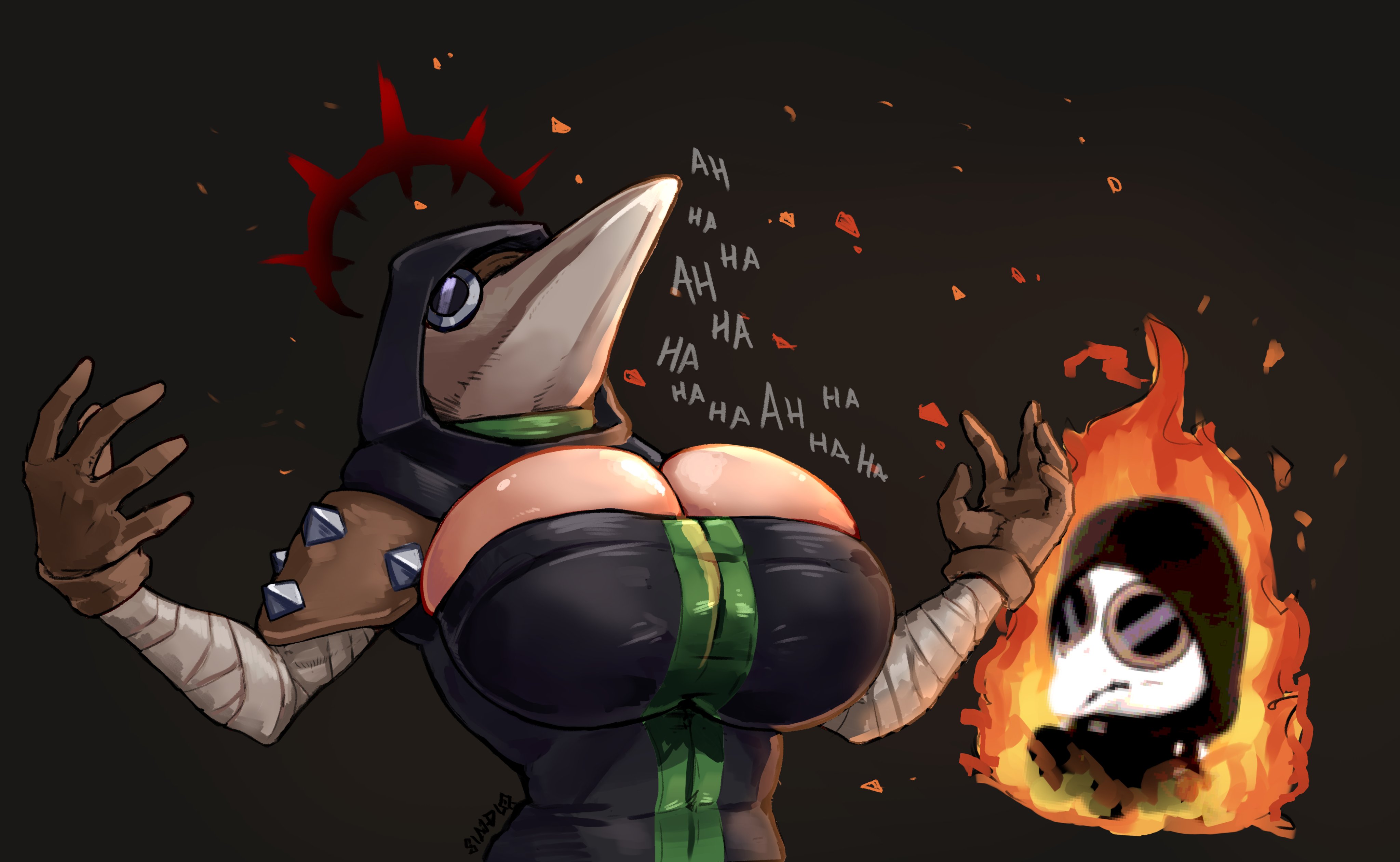1girls, 2025, armor, bandage, big breasts, breasts, commission, darkest dungeon, female, fire, hi res, mask, masked female, plague doctor, plague doctor (darkest dungeon), plushie, sindio, solo