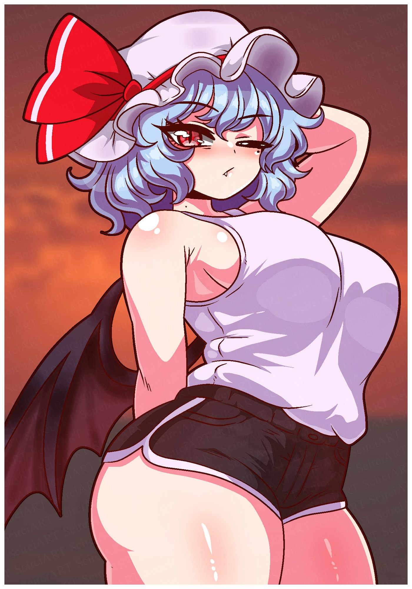 1girls, big breasts, blue hair, breasts, clothed female, female, hat, light-skinned female, mole, mole under eye, one eye closed, red eyes, remilia scarlet, seireiart, shorts, solo, solo female, tank top, thick thighs, thighs, touhou, vampire, vampire girl, wings