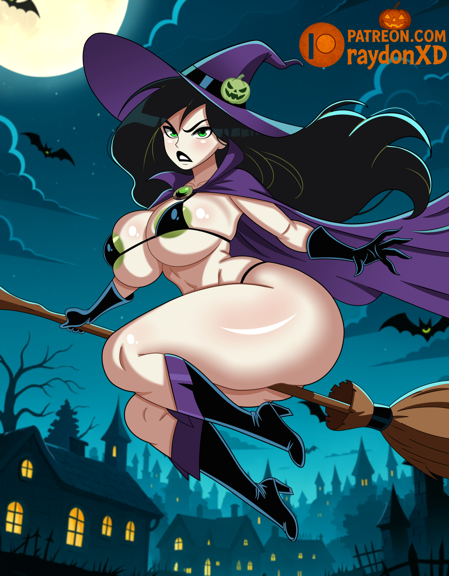 1girls, ai assisted, areolae peeking, bikini, black hair, black lips, broom, broom riding, gloves, halloween, halloween theme, kim possible, no sex, raydonxd, shego, tagme, white skin, witch costume, witch hat