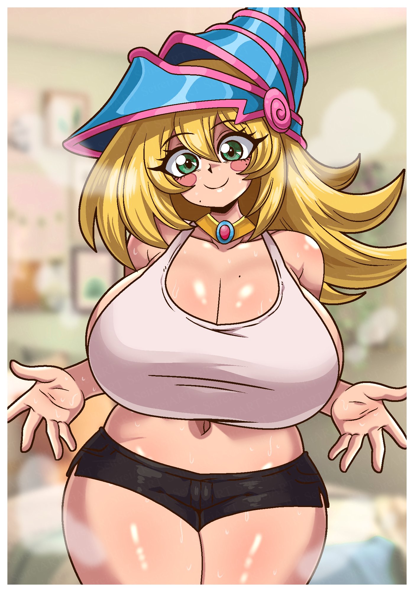 1girls, big breasts, blonde hair, breasts, cleavage, clothed female, dark magician girl, female, green eyes, hat, huge breasts, light-skinned female, long hair, mole on breast, seireiart, shirts, smile, solo, solo female, sweat, tank top, thick thighs, thighs, yu-gi-oh!