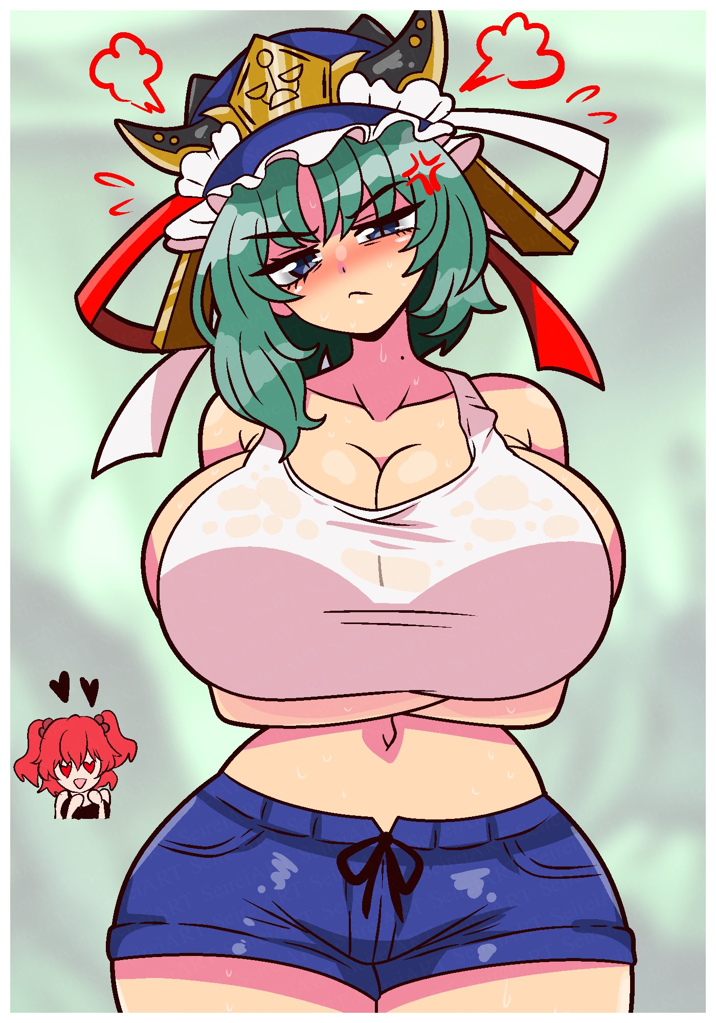 2girls, angry, angry face, big breasts, blue eyes, breasts, cleavage, clothed female, crossed arms, eiki shiki, female, green eyes, hat, heart eyes, huge breasts, komachi onozuka, mole, seireiart, shorts, tank top, thick thighs, thighs, touhou