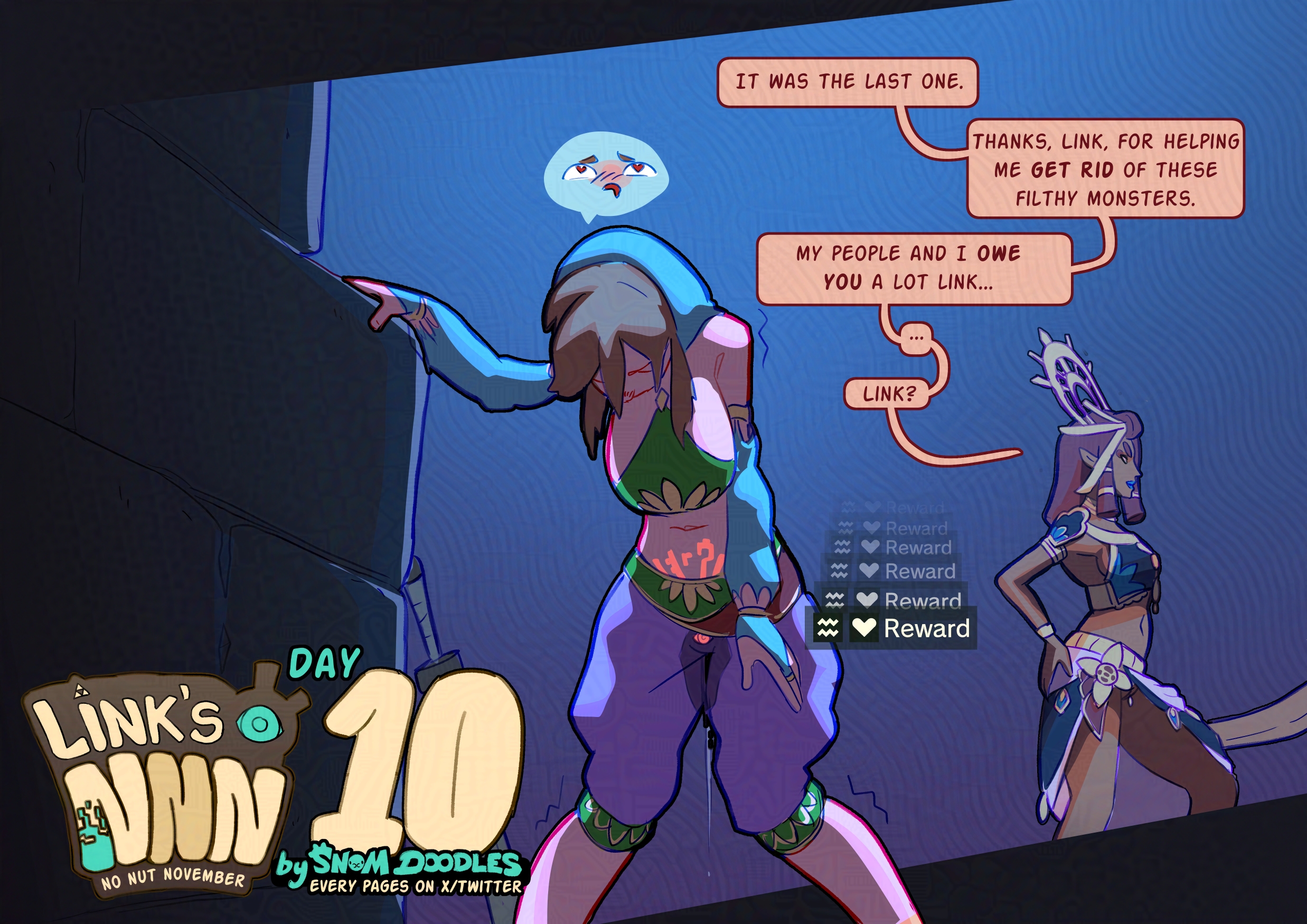 1boy, 1girls, 1male, androgynous, breasts, breath of the wild, caption, chastity, chastity cage, chastity device, clothed, comic, comic page, comic panel, confident, confident female, day count, dialog, dialogue, dialogue box, dialogue bubble, dripping, dripping penis, dripping precum, dripping wet, ear piercing, ear ring, earrings, edging, embarrassed, english dialogue, english text, female, gameplay mechanics, gerudo link, gerudo outfit, gerudo top, jewelry, link, link (breath of the wild), link (tears of the kingdom), male, male focus, no nut november, orgasm denial, page 10, penis, precum, precum through clothing, riju, simple background, snomdoodles, tears of the kingdom, text, the legend of zelda, thighs, vibrator, vibrator on chastity cage, vibrator on penis, vibrator under clothes, wet, wet clothes, wet clothing
