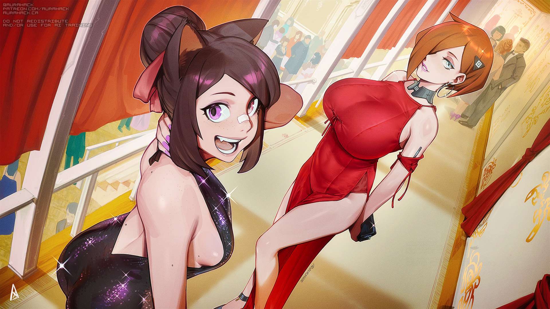 2girls, arm behind back, ascari megane (aurahack), ass, aurahack, backless dress, backless outfit, bandaid on nose, black dress, black hair, blue eyes, breasts, brown hair, cat ears, catherine (aurahack), clothed, crowd, dress, dutch angle, female focus, freckles, girlfriends, hair bun, hair over one eye, halter dress, hoop earrings, huge breasts, large breasts, long dress, looking at viewer, looking back, metal collar, mole, mole on back, multiple moles, no bra, original, purple eyes, purple nails, purse, red dress, shiny clothes, side slit, sideboob, symbol-shaped pupils, taut clothes, taut dress