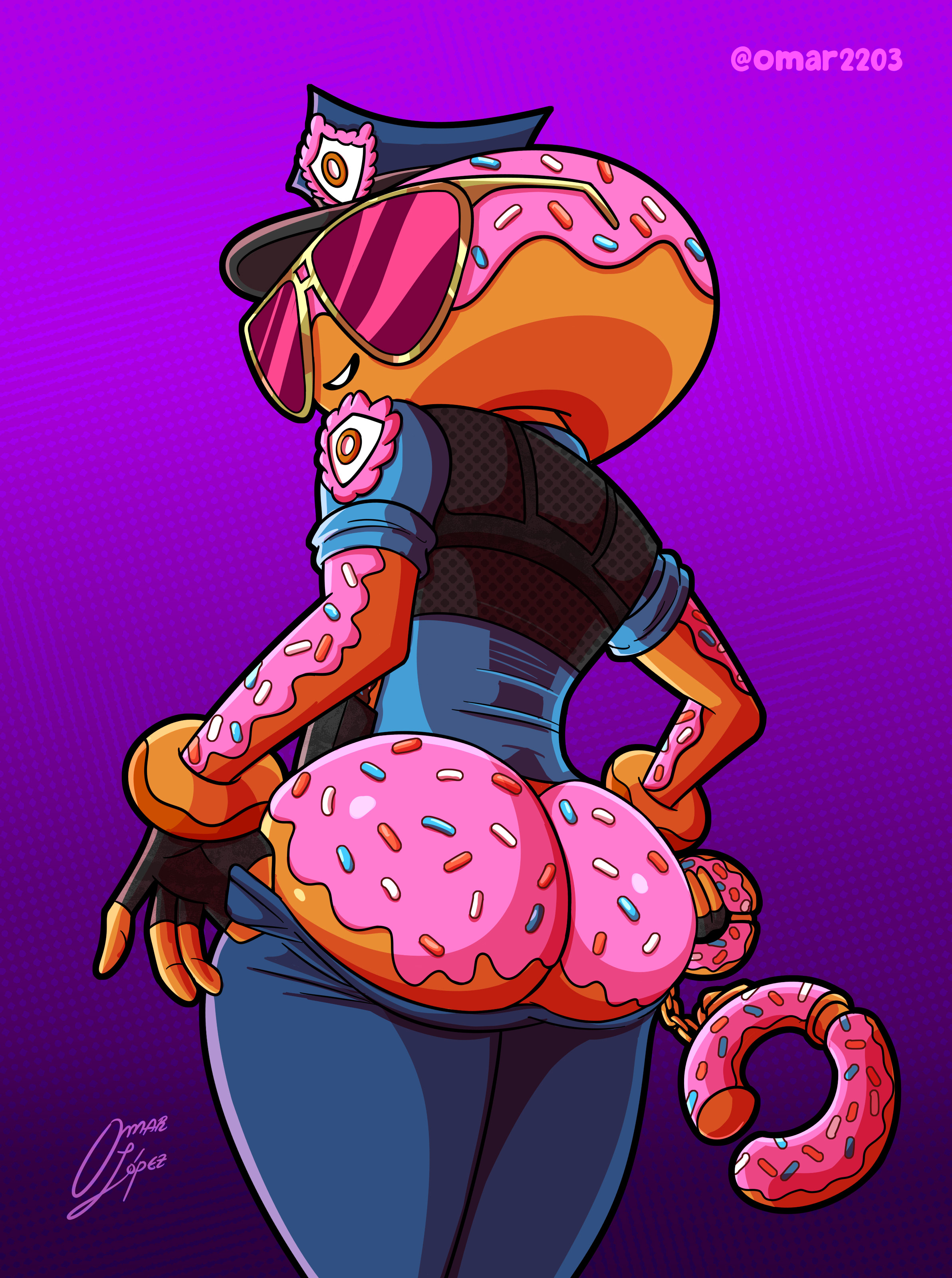 1anthro, 1girls, 2025, anthro, anthro only, ass, ass focus, back view, bottomless, clothed, clothing, constable sprinkle, cop, dessert, donut, female, female focus, female only, food, food creature, food humanoid, fortnite, fortnite: battle royale, freaky omar22, glasses, presenting ass, pulling clothing, pulling down pants, shades, solo, solo female, solo focus, tagme