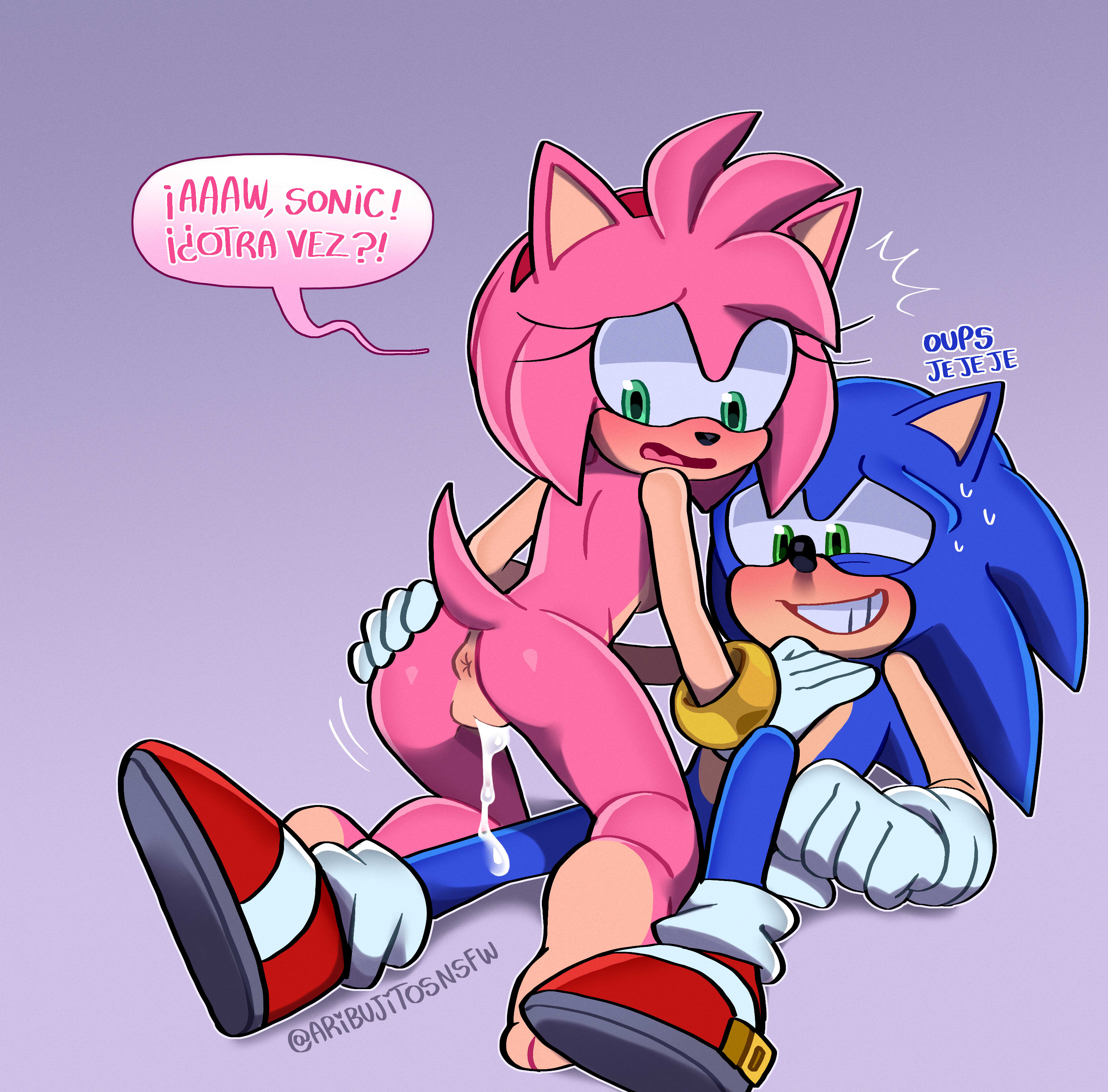 1boy, 1girls, accidental impregnation, after sex, after vaginal, amy rose, anthro, anthro on anthro, anus, aribujitosnsfw, ass, completely nude female, cum, cum drip, cum in pussy, cum inside, female, green eyes, hand on ass, male, pussy, sonic (series), sonic the hedgehog, sonic the hedgehog (series), spanish dialogue, spanish text, sweating, tail, text bubble