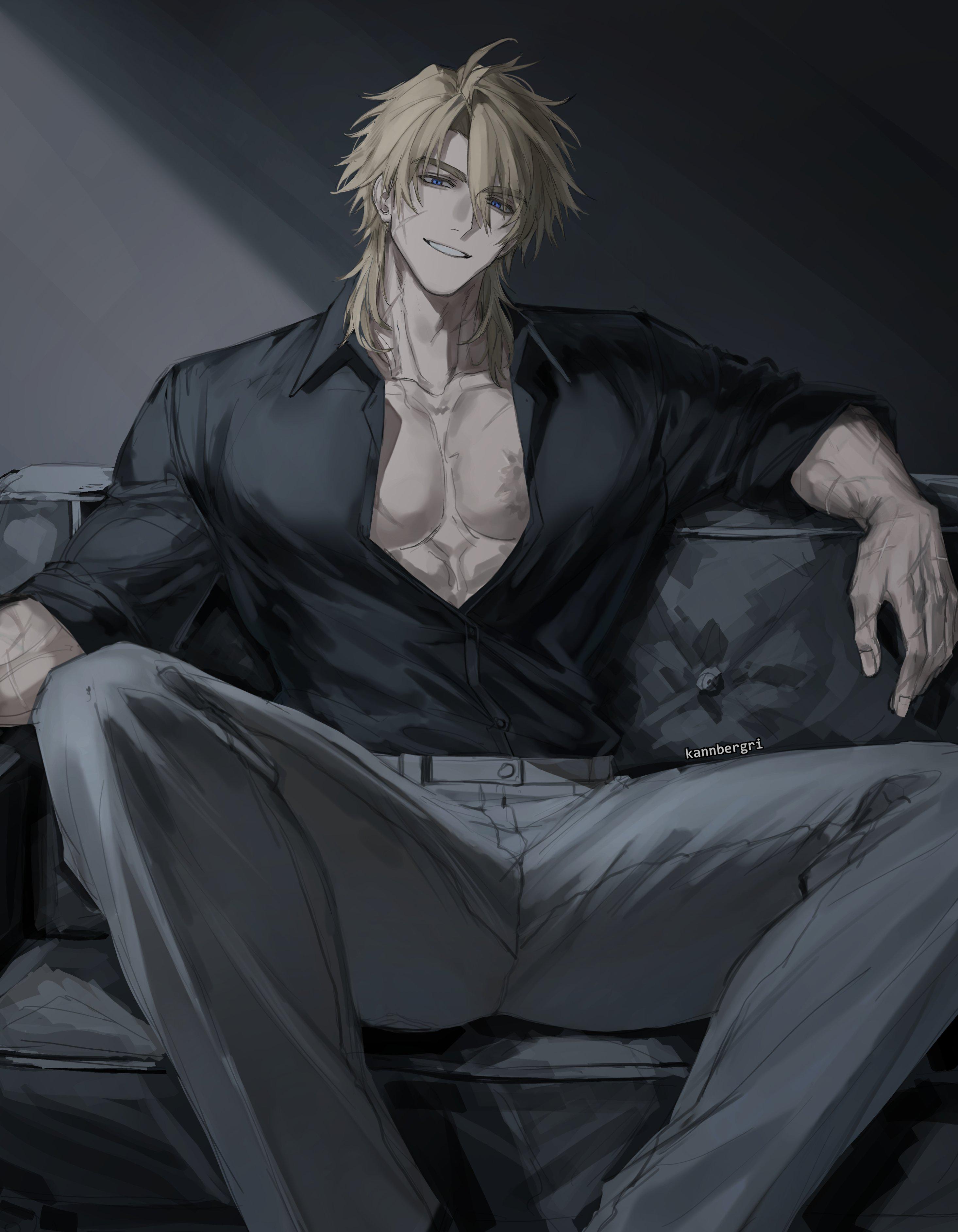 1boy, 1male, 1man, bl, blonde hair, blue eyes, business suit, chest, clothing, dominant, dominant male, exposed chest, gay, gay male, genshin impact, horny, kannbergri, legs apart, legs open, male, male only, muscular, muscular male, open legs, open toe shoes, sfw, solo, suit, suit and tie, varka, varka (genshin impact), yaoi