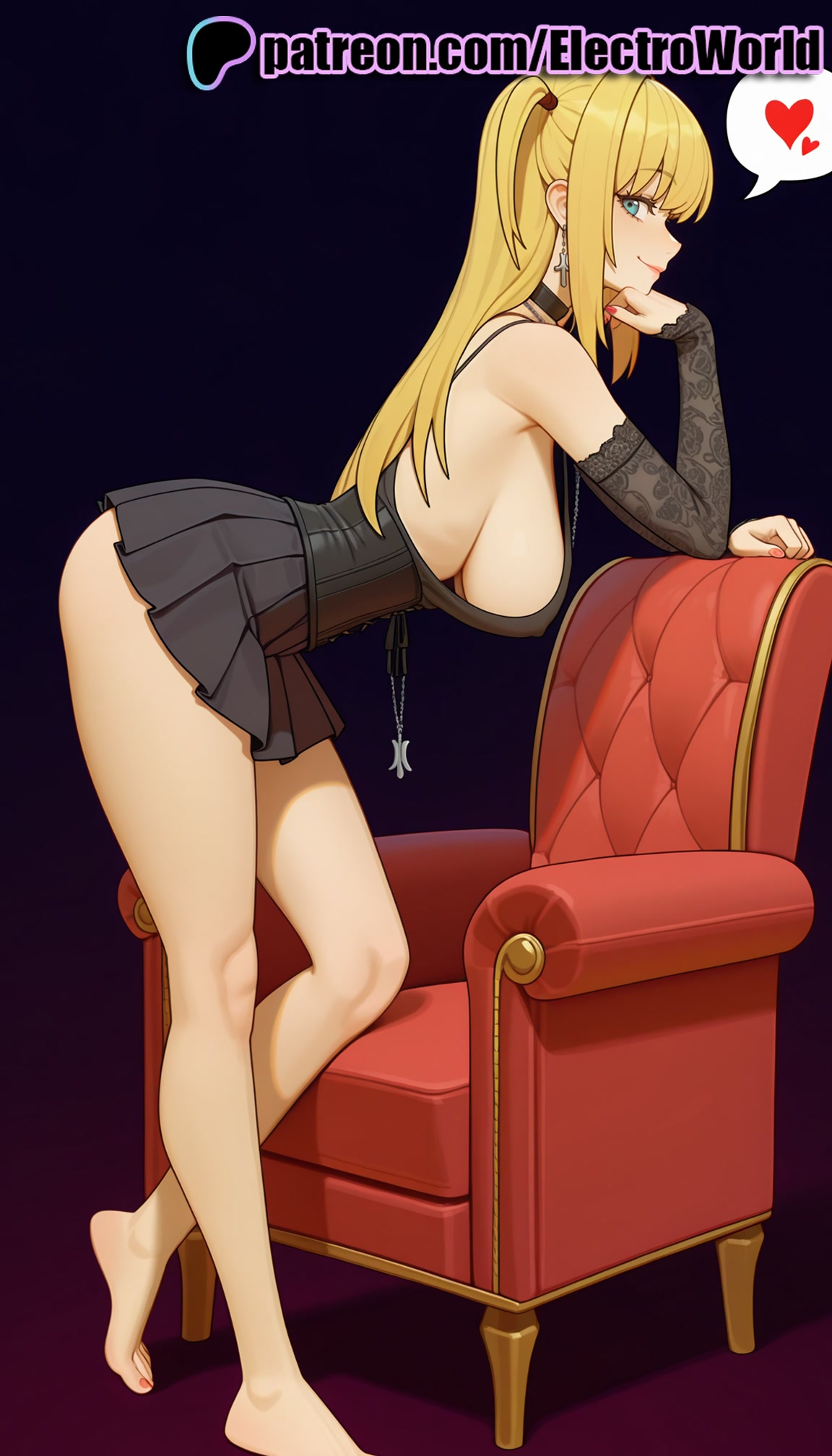 1girls, 2025, ai generated, artist name, bare shoulders, barefoot, big breasts, big chest, black dress, blonde hair, breasts, bust, busty, chair, chest, death note, electroworld, female, heart, hi res, high quality, high resolution, highres, jewelry, large breasts, long hair, misa amane, patreon, patreon username, sideboob, solo, spoken heart, stable diffusion, watermark