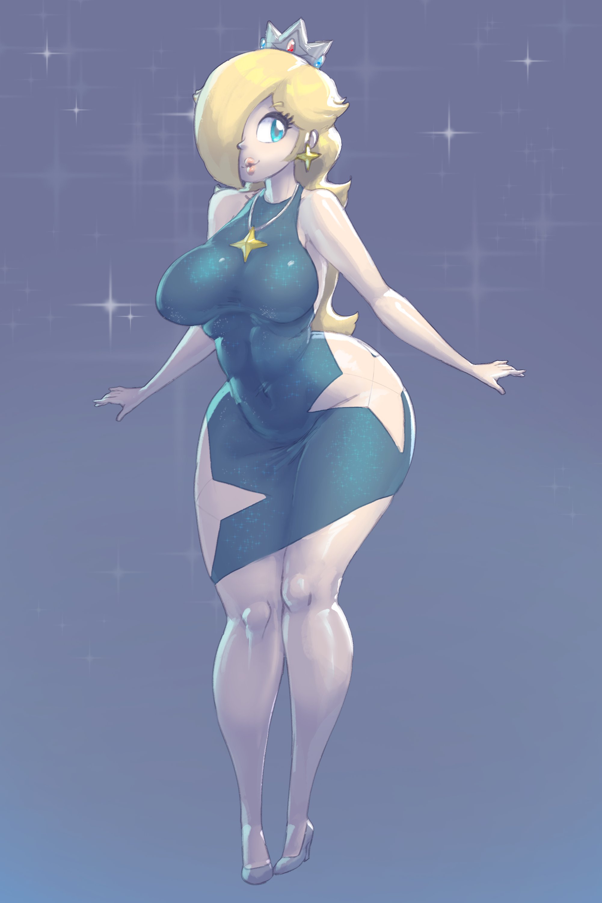 1girls, blonde hair, breasts, dress, female, female focus, female only, high heels, large breasts, lickagoat, light skin, light-skinned female, mario (series), nintendo, princess rosalina, solo, super mario galaxy, thick thighs, thighs, tight clothing, wide hips