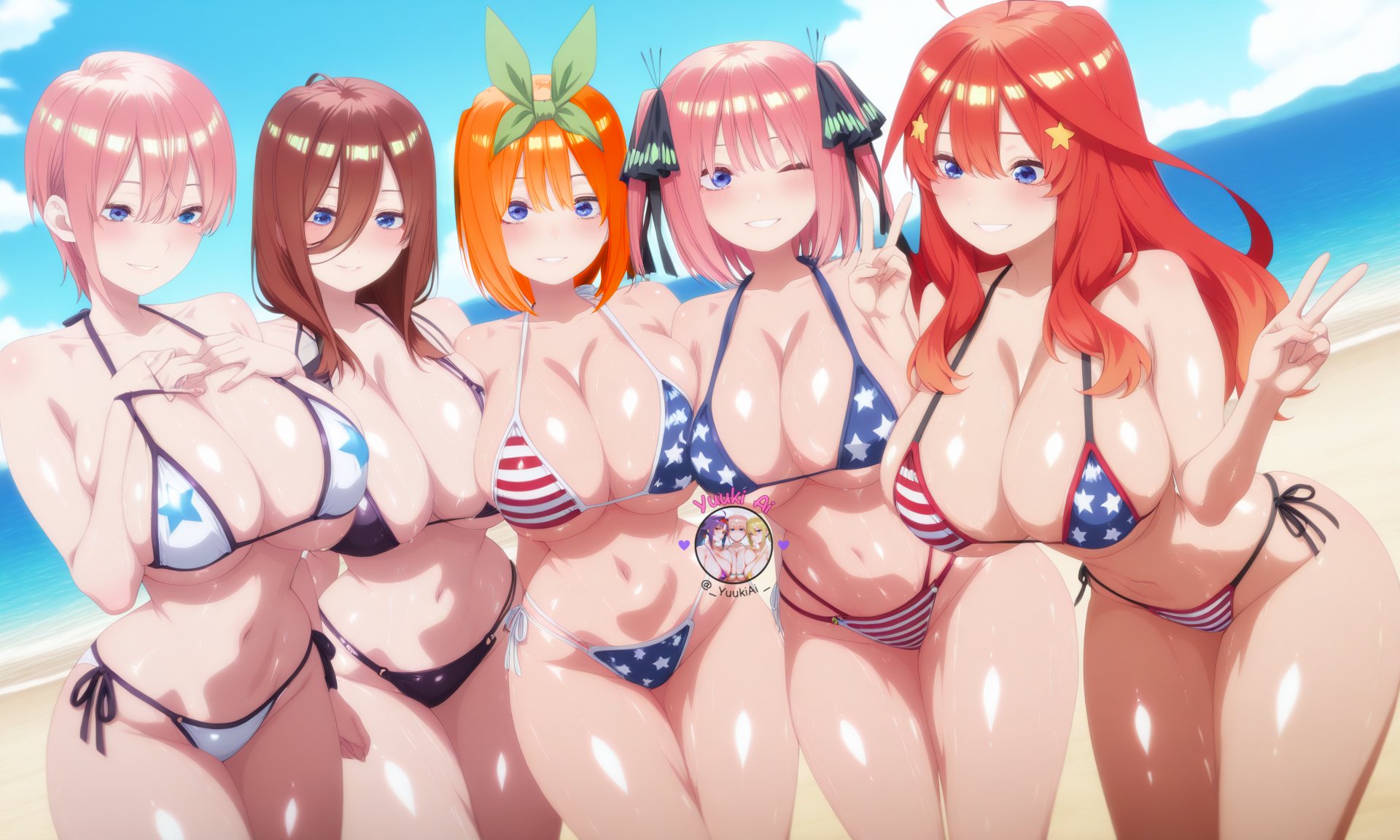 5girls, ai generated, american flag bikini, bikini, breasts, brunette, female, female focus, female only, go-toubun no hanayome, large breasts, light skin, light-skinned female, multiple females, multiple girls, nakano ichika, nakano itsuki, nakano miku, nakano nino, nakano yotsuba, orange hair, pink hair, red hair, shiny skin, sisters, swimsuit, thighs, wide hips, yuukiai