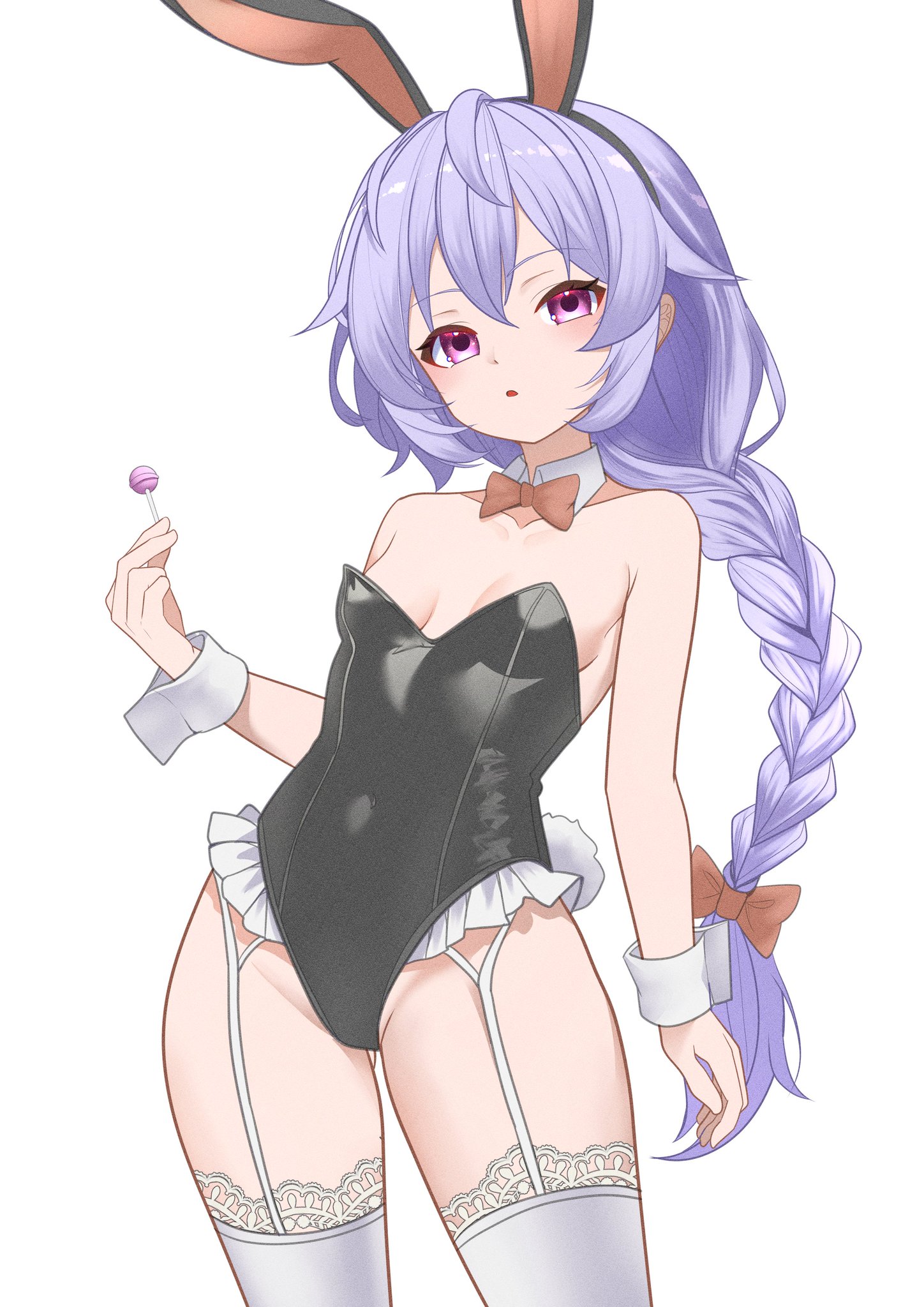 braid, breasts, bunny ears, bunnysuit, cleavage, garter straps, leotard, light skin, looking at viewer, neptunia (series), petite, pink eyes, plutia, purple hair, small breasts, solo, xueli shimazaki