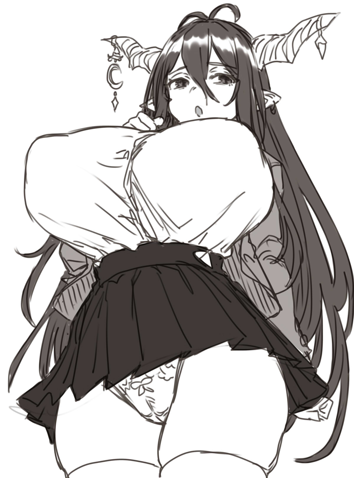 :o, antenna hair, bow, bow panties, breasts, cardigan, commentary, cowboy shot, danua, draph, earrings, female, granblue fantasy, greyscale, hair between eyes, highres, horn ornament, horns, houtengeki, huge breasts, jacket, jewelry, large breasts, long hair, long sleeves, looking at viewer, miniskirt, monochrome, open cardigan, open clothes, panties, pantyshot, pleated skirt, pointy ears, shirt, shirt tucked in, simple background, skirt, solo, standing, thighhighs, underwear, very long hair, white background