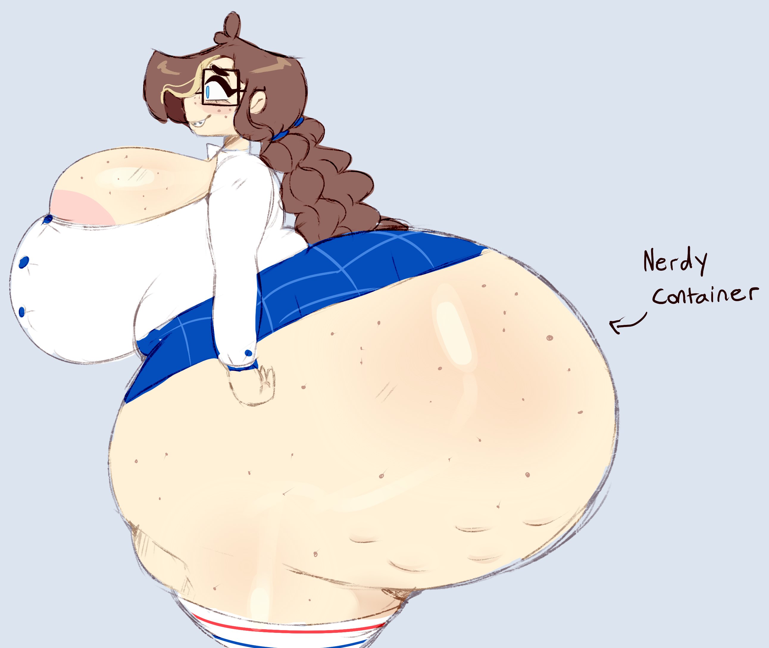 1girls, ass, ass bigger than head, ass bigger than torso, ass body, ass hanging out, ass hanging out of skirt, big ass, big breasts, braces, breasts, brown hair, bubble butt, busty, cellulite, enormous ass, evil container, fat ass, female, female only, freckles, gigantic ass, glasses, huge ass, huge breasts, hyper, hyper ass, large ass, large breasts, massive ass, meme, moonraige, moonraige (character), nerd, nerdy female, nerdy moonraige (character), original, side view, solo, text, thick ass, thick thighs, thunder thighs, wide hips