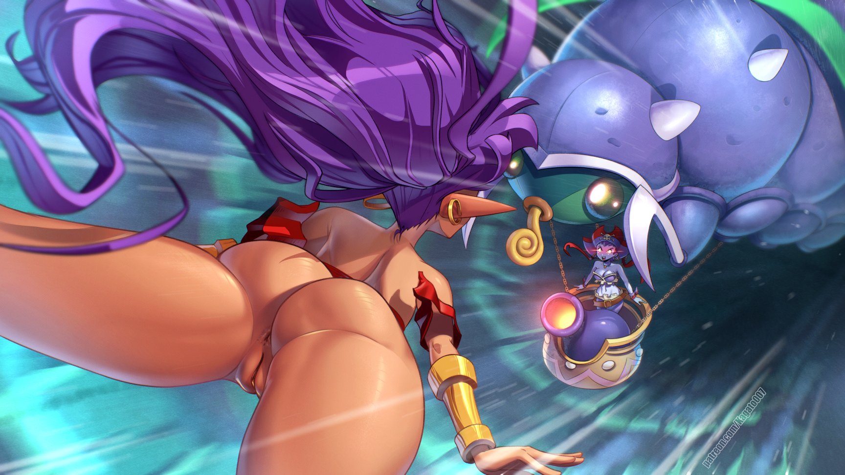 2girls, anus, ass, ass bigger than head, ass bigger than torso, big ass, big butt, dark skin, dark-skinned female, falling, female, female only, kagato007, long ponytail, motion lines, multiple girls, no panties, no pants, ponytail, purple hair, pussy, risky boots, shantae, shantae (character), shantae advance: risky revolution, torn clothes, voluptuous, voluptuous female, wide hips